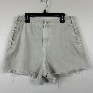 Miou Muse High Waist Cutoff Denim Shorts Cream Khaki Tan Pockets Medium
